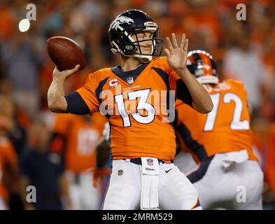 Oct 22, 2017; Carson, CA, USA; Denver Broncos quarterback Trevor Siemian  (13) throws a pass during the second half against the Los Angeles Chargers  at StubHub Center. Mandatory Credit: Orlando Ram …