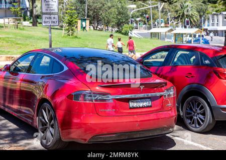 Tesla Model S car, 2016 year model, parked at a Sydney beach car park, electric vehicle EV, Sydney,NSW,Australia Stock Photo