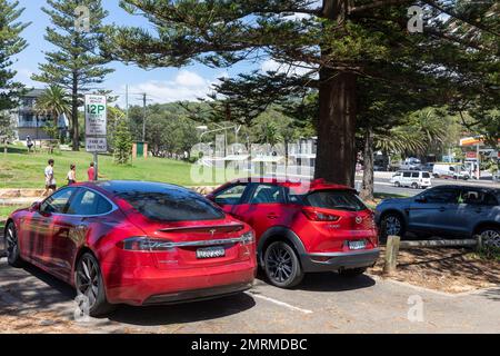 Tesla Model S car, 2016 year model, parked at a Sydney beach car park, electric vehicle EV, Sydney,NSW,Australia Stock Photo