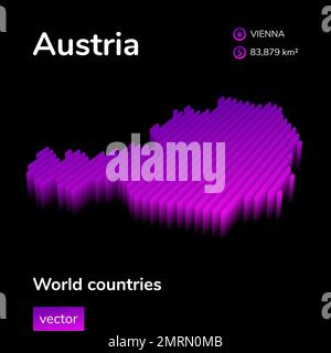 Stylized neon digital isometric striped vector Austria map with 3d effect. Map of Austria is in violet and pink colors on the black background Stock Vector