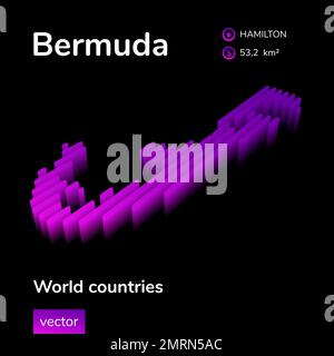 Bermuda 3D map. Stylized isometric striped digital neon vector Map of Bermuda is in violet colors on black background. Educational banner Stock Vector