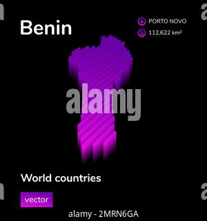 Benin 3D map. Stylized neon isometric digital striped vector map of Benin in violet and purple colors on the black background Stock Vector