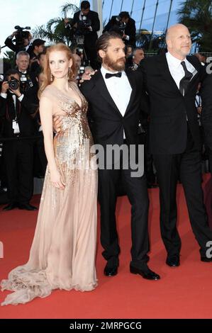 Jessica Chastain, Tom Hardy and John Hillcoat at the 'Lawless' Premiere during the 65th Annual Cannes Film Festival held at the Palais des Festivals in Cannes, France. 19th May 2012. Stock Photo