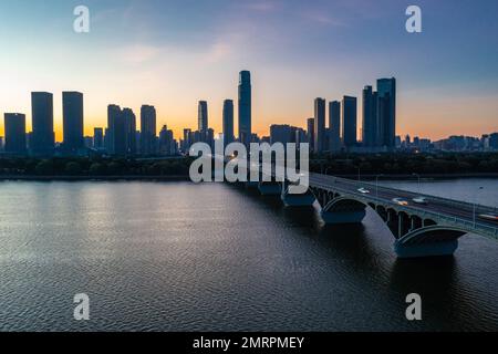 Aerial j bridge in changsha xiangjiang river city Stock Photo