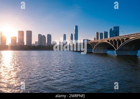 Aerial j bridge in changsha xiangjiang river city Stock Photo