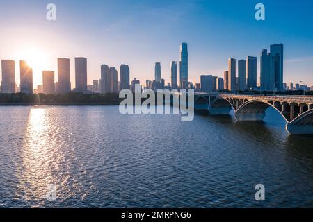 Aerial j bridge in changsha xiangjiang river city Stock Photo