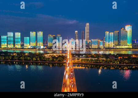 Aerial j bridge in changsha xiangjiang river city night scene Stock Photo