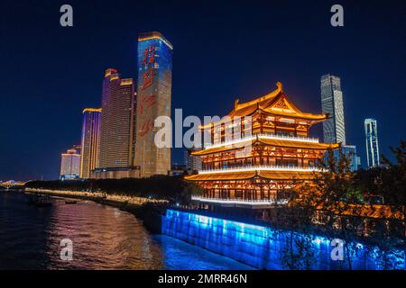 Aerial changsha xiangjiang river riverside scenery Du Fujiang pavilion at night Stock Photo