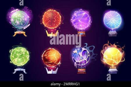 Magic crystal balls, energy spheres with light effect. Fantasy magician, sorcerer or fortune teller crystal orbs with shine, lightnings, fire and slime, on wooden stand vector cartoon illustration Stock Vector