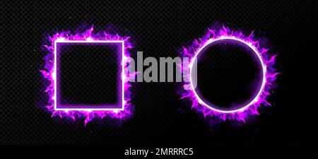 Circle and square frames with purple fire. Fantasy banners with burning borders with violet flame, glow effect, smoke and sparkles isolated on transparent background, vector realistic set Stock Vector