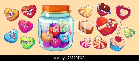 Colorful love conversation candies isolated on background. Vector contemporary illustration of heart sweets in glass jar, delicious lollipop, nice chocolate dessert, muffin, cookies. Romantic gift Stock Vector