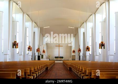 Lakeuden Risti is a cathedral church that seats 1200, and Alvar Aalto designed also the interior. The benches are of pine. Seinajoki, Finland. Stock Photo