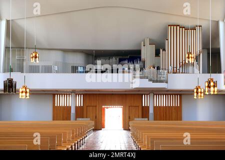 Alvar Aalto designed also the interior of Lakeuden Risti Church. Interior detail with open organ loft. Seinajoki, Finland. Stock Photo