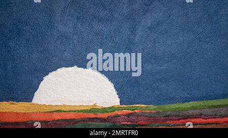moon or sun rising over abstract landscape, blank circular watercolor ...