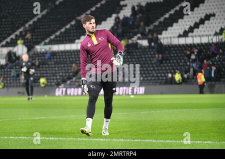 Pride Park, Derby, Derbyshire, UK. 30th Jan, 2023. FA Cup Football, Derby County versus West Ham United; Joe Wildsmith of Derby warming up before kick off Credit: Action Plus Sports/Alamy Live News Stock Photo