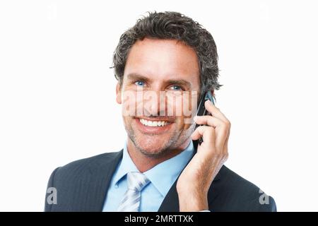 Business man having a friendly conversation on mobile phone. Closeup of smart middle aged business man having a friendly conversation on mobile phone Stock Photo