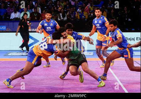 Patna Pirates in green jersey celebrate after winning the match against the  Bengal Warriors to qualify for the finals of Vivo Pro Kabaddi league in  Chennai, India, Thursday, Oct.26, 2017. (AP Photo