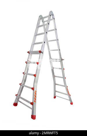 Aluminium stepladder isolated on white background. Portable ladder in a studio setting. An easy and reliable tool for performing installation work. Stock Photo