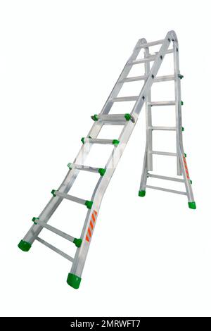 Aluminium stepladder isolated on white background. Portable ladder in a studio setting. An easy and reliable tool for performing installation work. Stock Photo