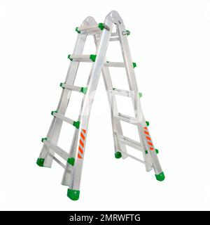 Aluminium stepladder isolated on white background. Portable ladder in a studio setting. An easy and reliable tool for performing installation work. Stock Photo