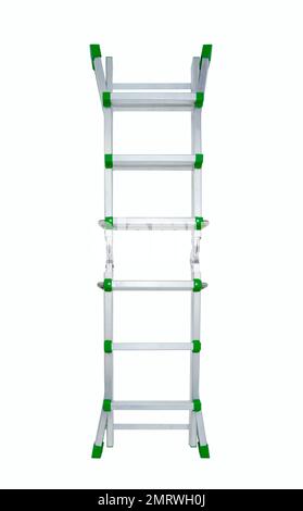 Aluminium stepladder isolated on white background. Portable ladder in a studio setting. An easy and reliable tool for performing installation work. Stock Photo