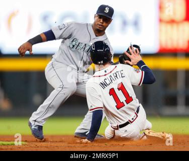 Atlanta Braves center fielder Cristian Pache (25) runs to second base  during a baseball game against the Philadelphia Phillies Saturday, April  10, 2021, in Atlanta. (AP Photo/John Bazemore Stock Photo - Alamy