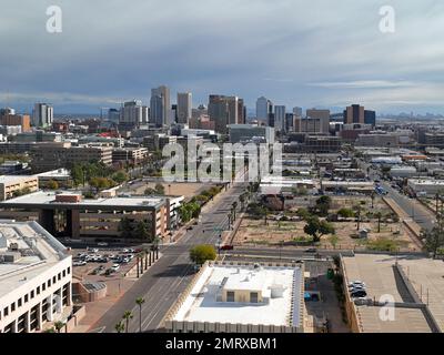 Phoenix downtown skyscrapers skyline aerial view on Washington Street from Capitol in city of Phoenix, Arizona AZ, USA. Stock Photo