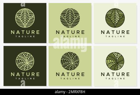 Leaf line circle logo design set. Modern nature line logo template collection. Stock Vector