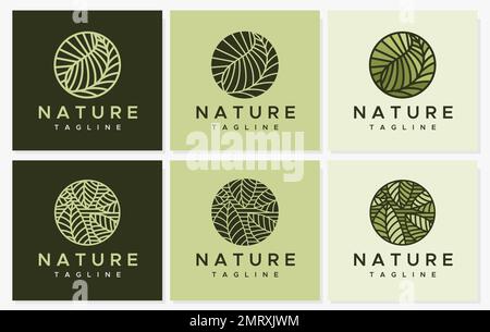Modern eco line logo design template set. Leaf line logo graphic vector. Stock Vector