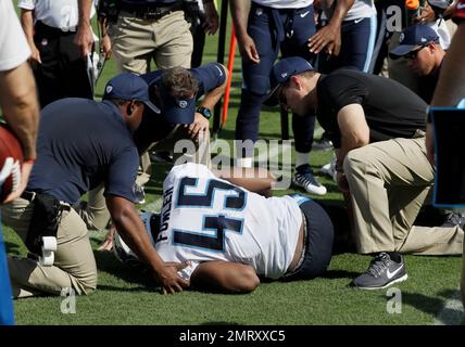 Tennessee Titans fullback Jalston Fowler 45 is tended to after being injured in the second half of an NFL football preseason game against the Carolina Panthers Saturday Aug. 19 2017 in Nashville