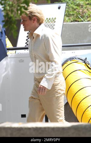 EXCLUSIVE!! Matt Damon is dressed in costume on the set of 'Liberace: Behind the Candelabra.' Damon plays Liberace's boyfriend Scott Thorson opposite Michael Douglas, who is playing Liberace in the film. Palm Springs, CA. 20th August 2012. Stock Photo