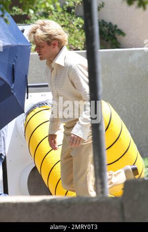 EXCLUSIVE!! Matt Damon is dressed in costume on the set of 'Liberace: Behind the Candelabra.' Damon plays Liberace's boyfriend Scott Thorson opposite Michael Douglas, who is playing Liberace in the film. Palm Springs, CA. 20th August 2012. Stock Photo