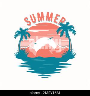 Sunset on the beach with letter Summer template background. Vector illustration Stock Vector