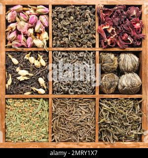 Assorted tea in wooden box - (manual focus) Stock Photo