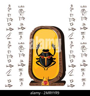 Stone board or clay tablet with scarab beetle and Egyptian hieroglyphs cartoon vector illustration Ancient object for recording storing information, graphical user interface for game design on white Stock Vector