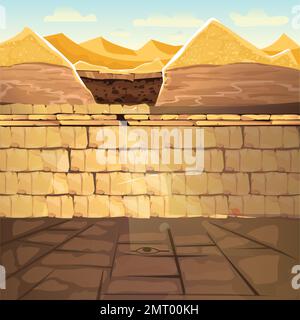 Ancient lost looted tomb or abandoned temple interior, underground cartoon vector illustration. Archeological excavations, treasures hunting concept. Desert, dug sand and sunbeam in empty crypt Stock Vector