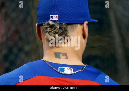 Chicago Cubs' Javier Baez, who has a tattoo of the MLB logo on the back of  his neck, waits to take batting practice before a baseball game against the  Arizona Diamondbacks, Saturday