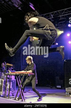 Miley Cyrus' brother Trace Cyrus performs with his band Metro Station at the Pompano Beach Amphitheater in Pompano Beach, FL.  4/21/09. Stock Photo