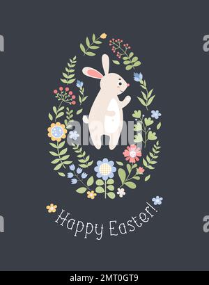Easter egg with cute bunny and spring flowers. Holiday vertical card Happy Easter. Vector illustration in flat style with cartoon rabbit for kids coll Stock Vector