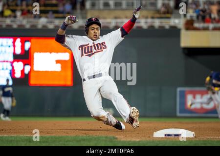 Texas Rangers Leody Taveras steals second base against the Minnesota Twins  during the fifth inning of a baseball game, Saturday, Aug. 26, 2023, in  Minneapolis. (AP Photo/Craig Lassig Stock Photo - Alamy