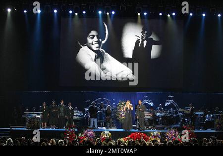 Michael Jackson's Memorial Service drew thousands of fans, mourners and loved ones and was two hours of speeches and songs held at the Staples Center.  Family and friends gathered onstage to speak and sing.  Family members included mother Katherine and father Joe, brothers Marlon, Jermaine and Tito, sisters Janet and Latoya, and Michael's children Prince Michael Jr., daughter, Paris Michael Katherine, and son Prince Michael II.  Amongst those that spoke and performed included Mariah Carey and Trey Lorenz, Queen Latifah,  John Mayer, Lionel Richie, Kobe Bryant, Magic Johnson, Stevie Wonder, Mic Stock Photo