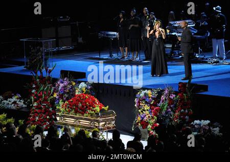 Michael Jackson's Memorial Service drew thousands of fans, mourners and loved ones and was two hours of speeches and songs held at the Staples Center.  Family and friends gathered onstage to speak and sing.  Family members included mother Katherine and father Joe, brothers Marlon, Jermaine and Tito, sisters Janet and Latoya, and Michael's children Prince Michael Jr., daughter, Paris Michael Katherine, and son Prince Michael II.  Amongst those that spoke and performed included Mariah Carey and Trey Lorenz, Queen Latifah,  John Mayer, Lionel Richie, Kobe Bryant, Magic Johnson, Stevie Wonder, Mic Stock Photo