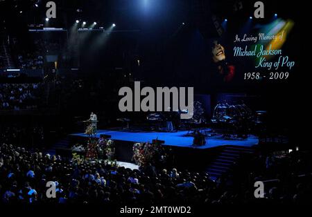 Michael Jackson's Memorial Service drew thousands of fans, mourners and loved ones and was two hours of speeches and songs held at the Staples Center.  Family and friends gathered onstage to speak and sing.  Family members included mother Katherine and father Joe, brothers Marlon, Jermaine and Tito, sisters Janet and Latoya, and Michael's children Prince Michael Jr., daughter, Paris Michael Katherine, and son Prince Michael II.  Amongst those that spoke and performed included Mariah Carey and Trey Lorenz, Queen Latifah,  John Mayer, Lionel Richie, Kobe Bryant, Magic Johnson, Stevie Wonder, Mic Stock Photo