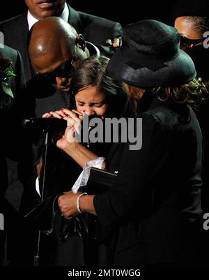 Michael Jackson's Memorial Service drew thousands of fans, mourners and loved ones and was two hours of speeches and songs held at the Staples Center.  Family and friends gathered onstage to speak and sing.  Family members included mother Katherine and father Joe, brothers Marlon, Jermaine and Tito, sisters Janet and Latoya, and Michael's children Prince Michael Jr., daughter, Paris Michael Katherine, and son Prince Michael II.  Amongst those that spoke and performed included Mariah Carey and Trey Lorenz, Queen Latifah,  John Mayer, Lionel Richie, Kobe Bryant, Magic Johnson, Stevie Wonder, Mic Stock Photo