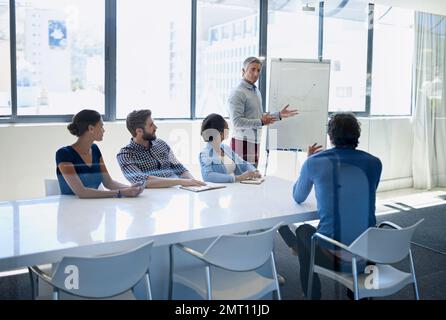 So whats our game plan. A businessman doing a presentation using a whiteboard during a boardroom meeting. Stock Photo