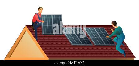 Two workers install solar panels on roof. Alternative energy. Renewable sources of electrical energy. Workers work on roof. Service illustration Stock Vector