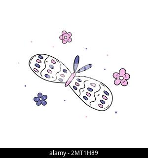Beautiful abstract butterflies in purple and pink colors, flowers. Vector isolated illustration hand drawn doodle. Cute moths Stock Vector
