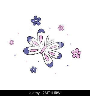 Beautiful abstract butterflies in purple and pink colors, flowers. Vector isolated illustration hand drawn doodle. Cute moths Stock Vector