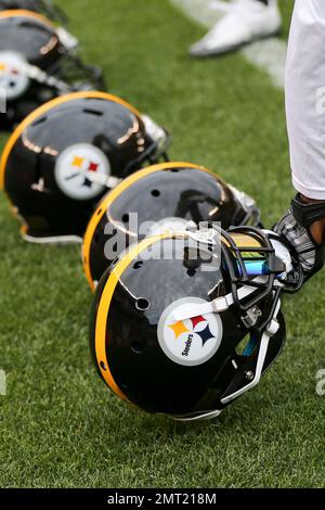 Pittsburgh Steelers helmets on the field at their NFL football training  camp in Latrobe, Pa., Saturday, Aug. 1, 2009. (AP Photo/Keith Srakocic  Stock Photo - Alamy