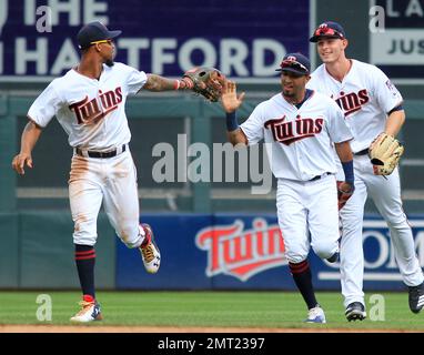 Minneapolis, United States. 28th Sep, 2021. Minnesota Twins outfielders  Nick Gordon (1), Byron Buxton (25) and Max Kepler (26) celebrate at the end  of the game against the Detroit Tigers on Tuesday